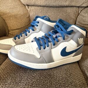 Nike White and Blue Air Jordan High-Top Sneakers - Excellent Condition